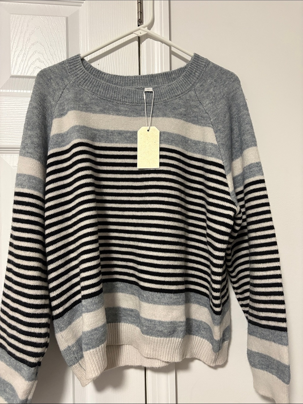 Striped Crewneck Sweater in Light Blue, Black & Cream